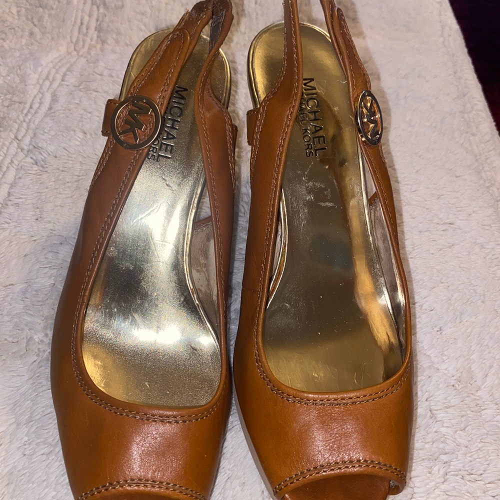 MICHAEL Michael Kors Tan Leather Peep-Toe Slingback Mules